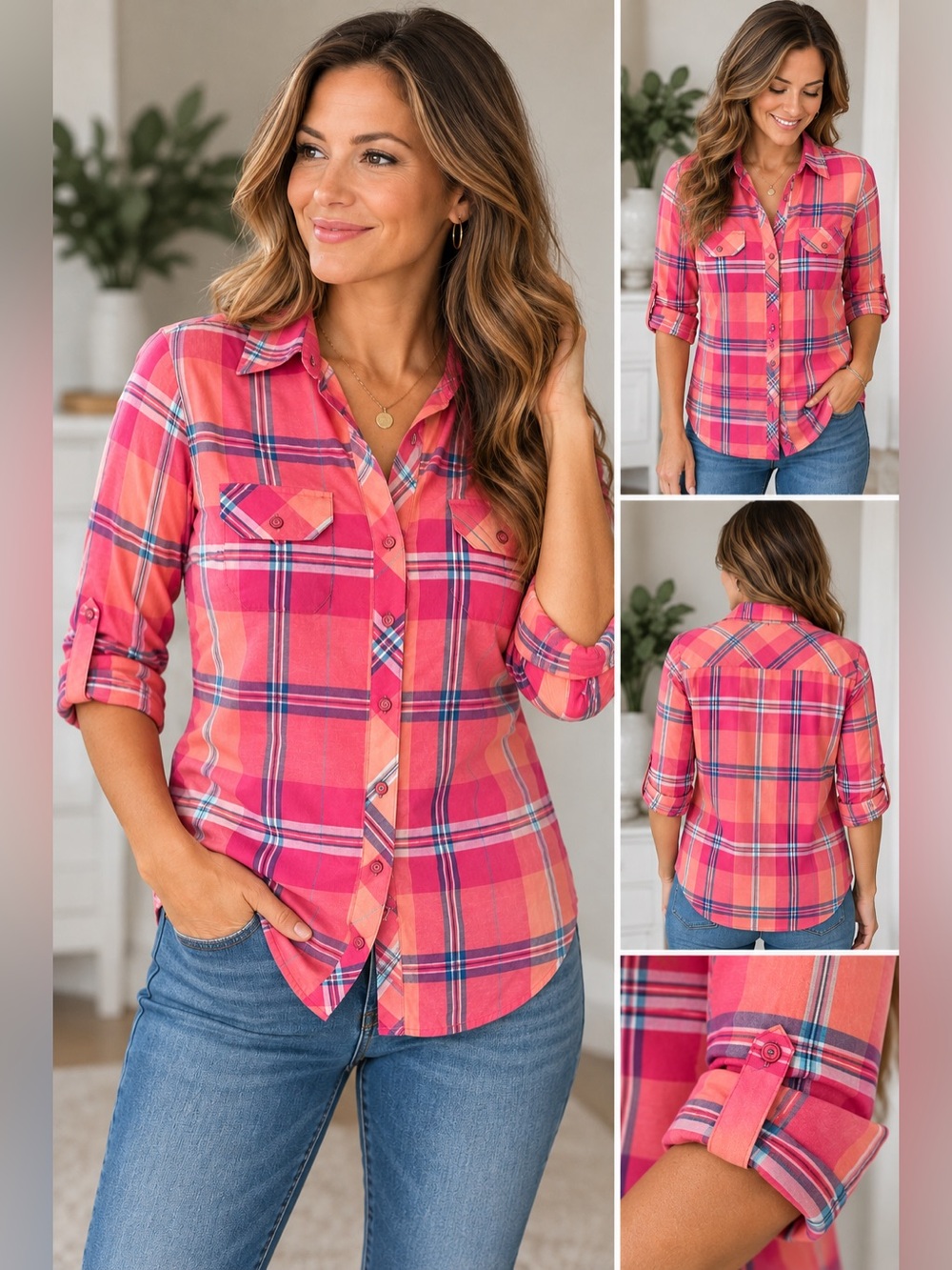 Cato Women’s Small Pink Coral Plaid Roll Tab Button Down Shirt